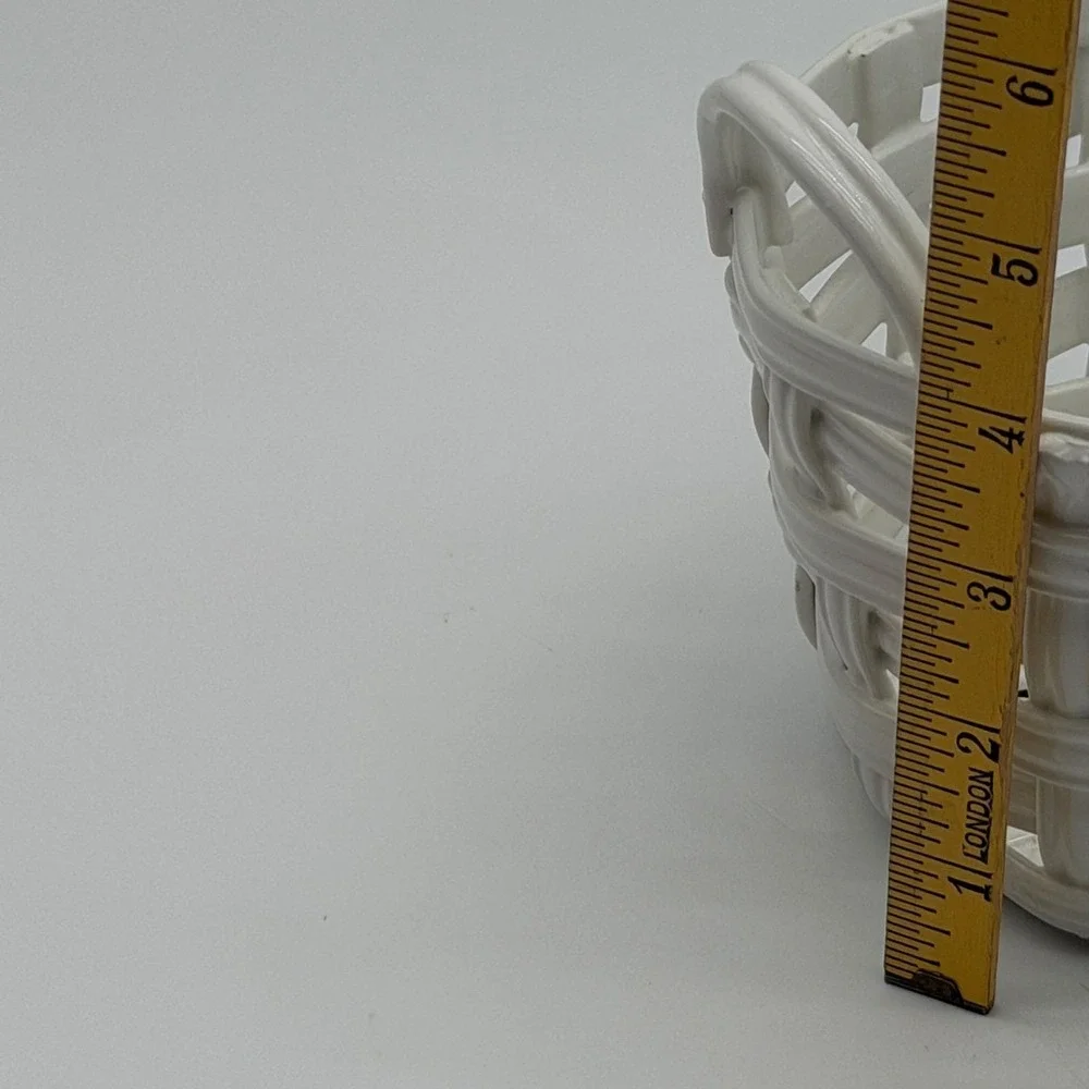 Vintage White Ceramic Lattice Woven Basket Bowl with Handles 9 Inch Oval Glazed